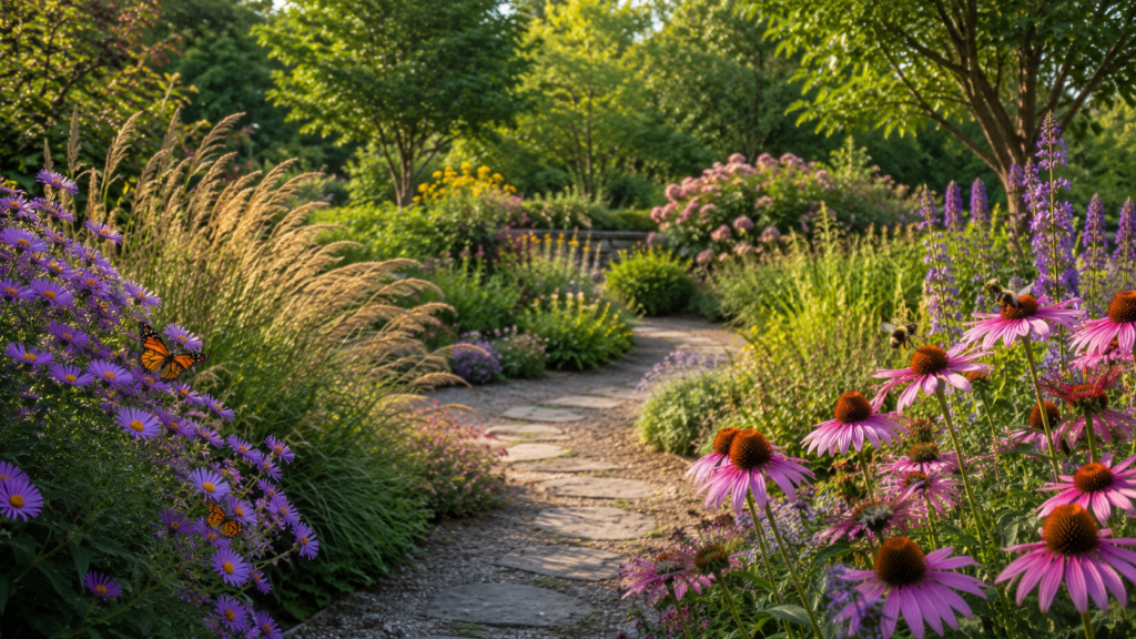 Garden path with colorful flowers